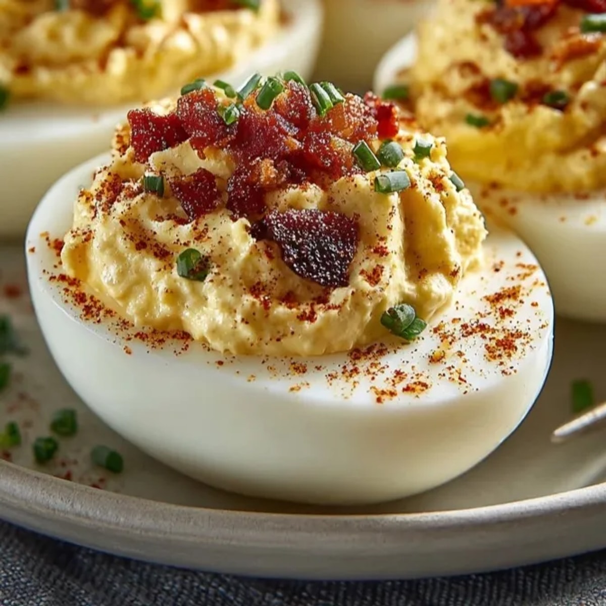 Smoked Paprika Deviled Eggs with Bacon: A creamy, smoky, flavorful appetizer ready to enjoy.