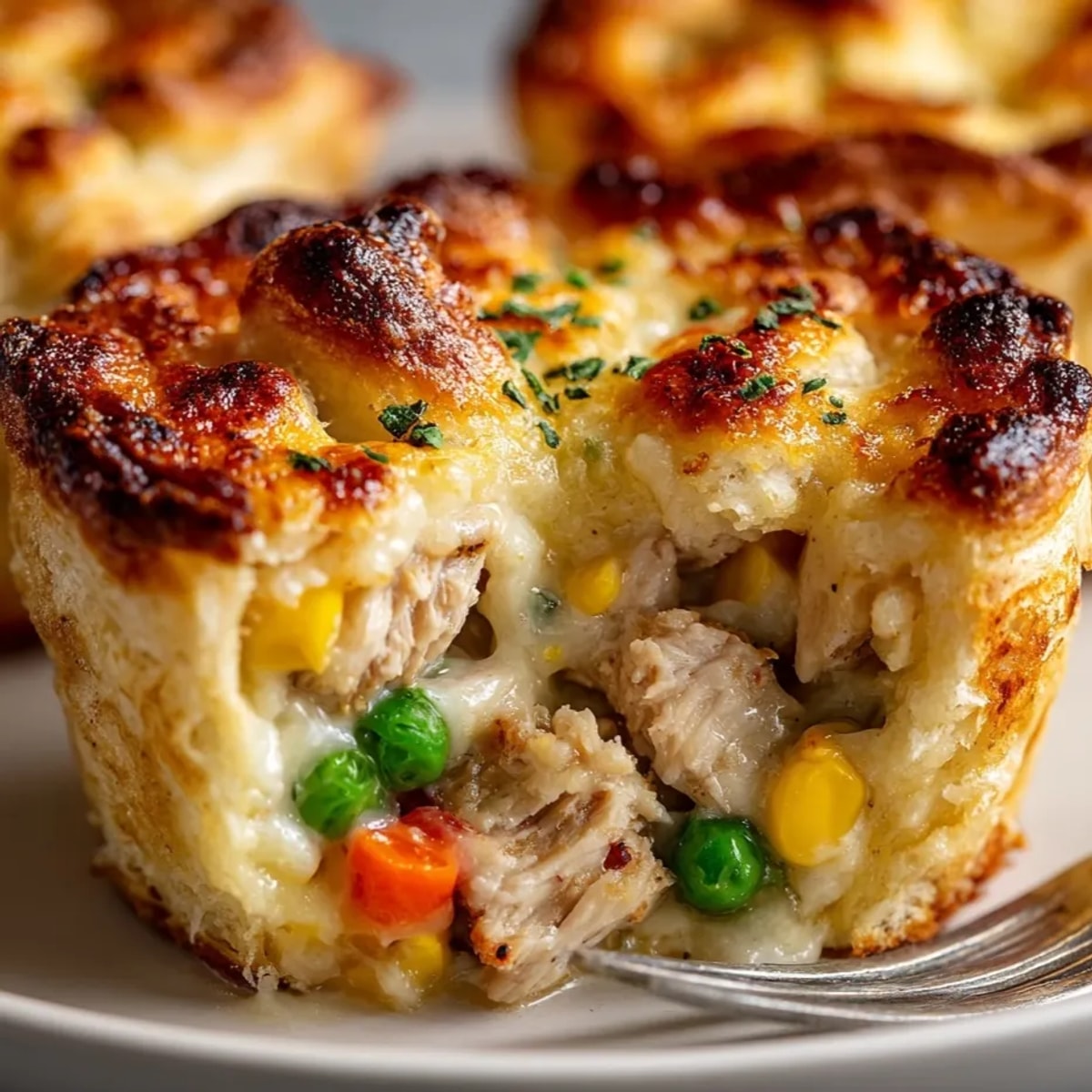 Golden Mini Turkey Pot Pies in muffin tins, flaky crusts and savory filling.