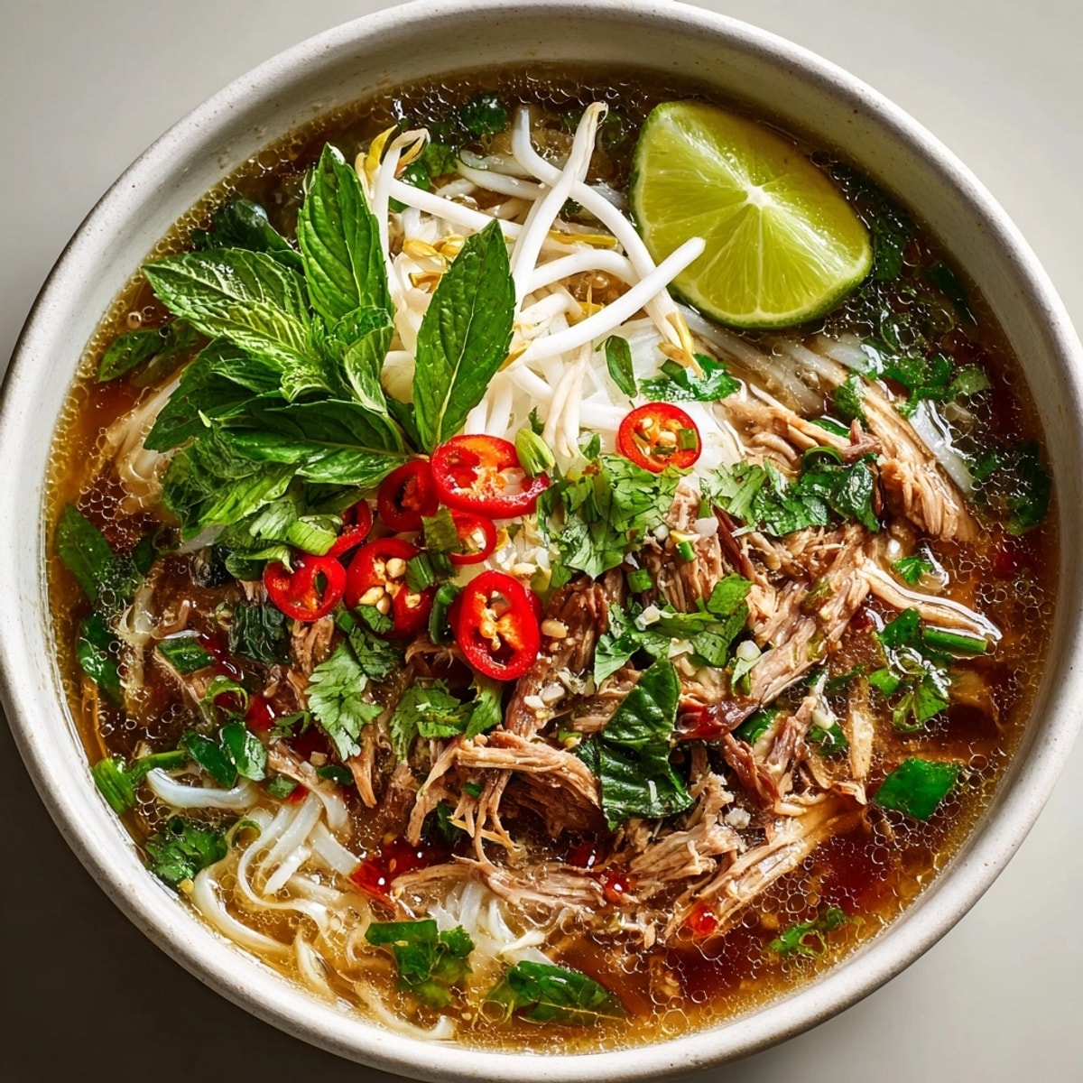 Fragrant Leftover Turkey Pho: a steaming bowl showcasing vibrant herbs and tender turkey.