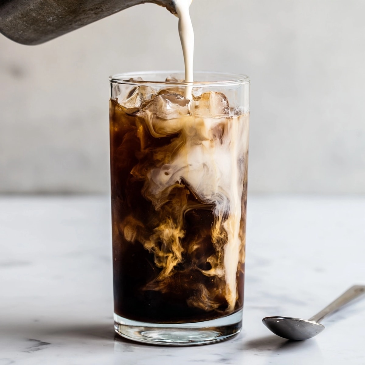 Iced Thai Coffee, swirled with creamy condensed milk, ready to be enjoyed on ice.