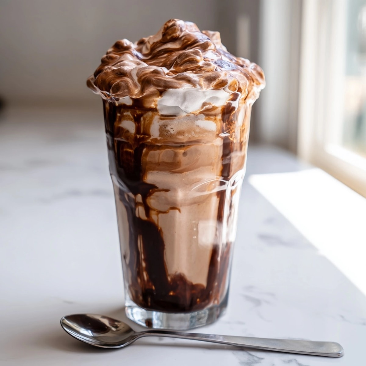 Tall glass of Iced Mocha Cloud Coffee, frothy, cold, and chocolatey refreshment.
