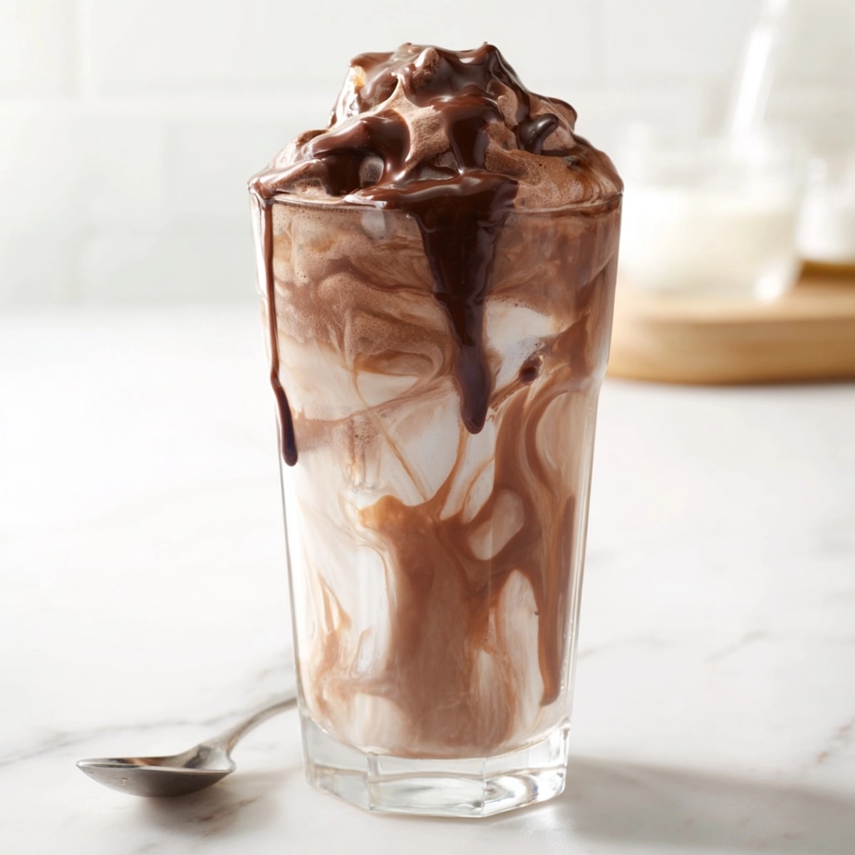 Frothy Iced Mocha Cloud Coffee ready to stir, complete with chocolate syrup drizzle.