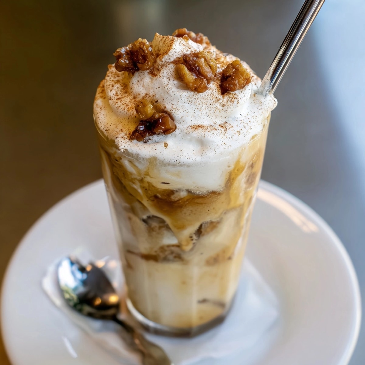 Creamy Iced Banana Bread Latte swirled with espresso, ready to enjoy on a warm day.