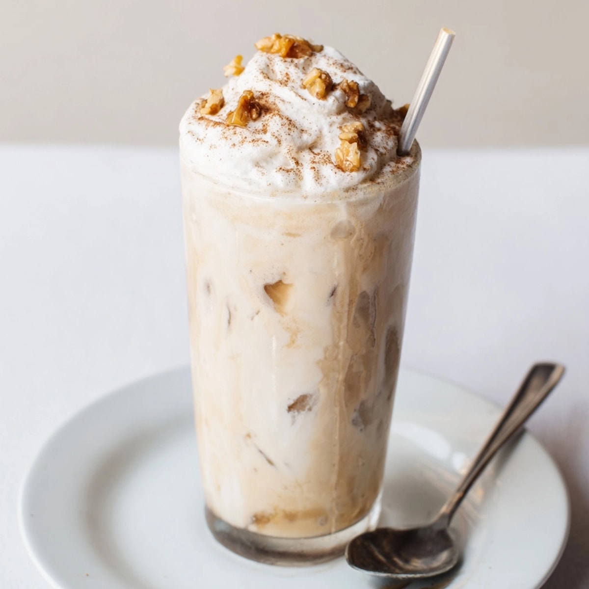 Homemade Iced Banana Bread Latte, topped with cinnamon, a comforting caffeine boost.