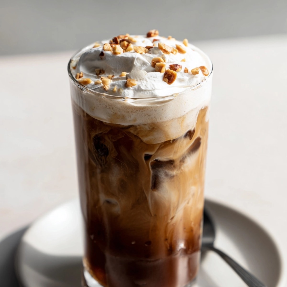Iced Hazelnut Cold Brew, swirled with milk, glistening with ice, ready to sip.