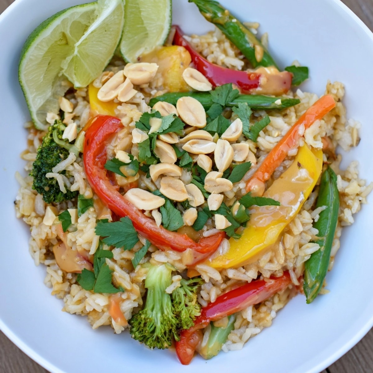 A flavorful Thai Peanut Veggie Stir-Fry Rice recipe ready to savor with lime and cilantro.