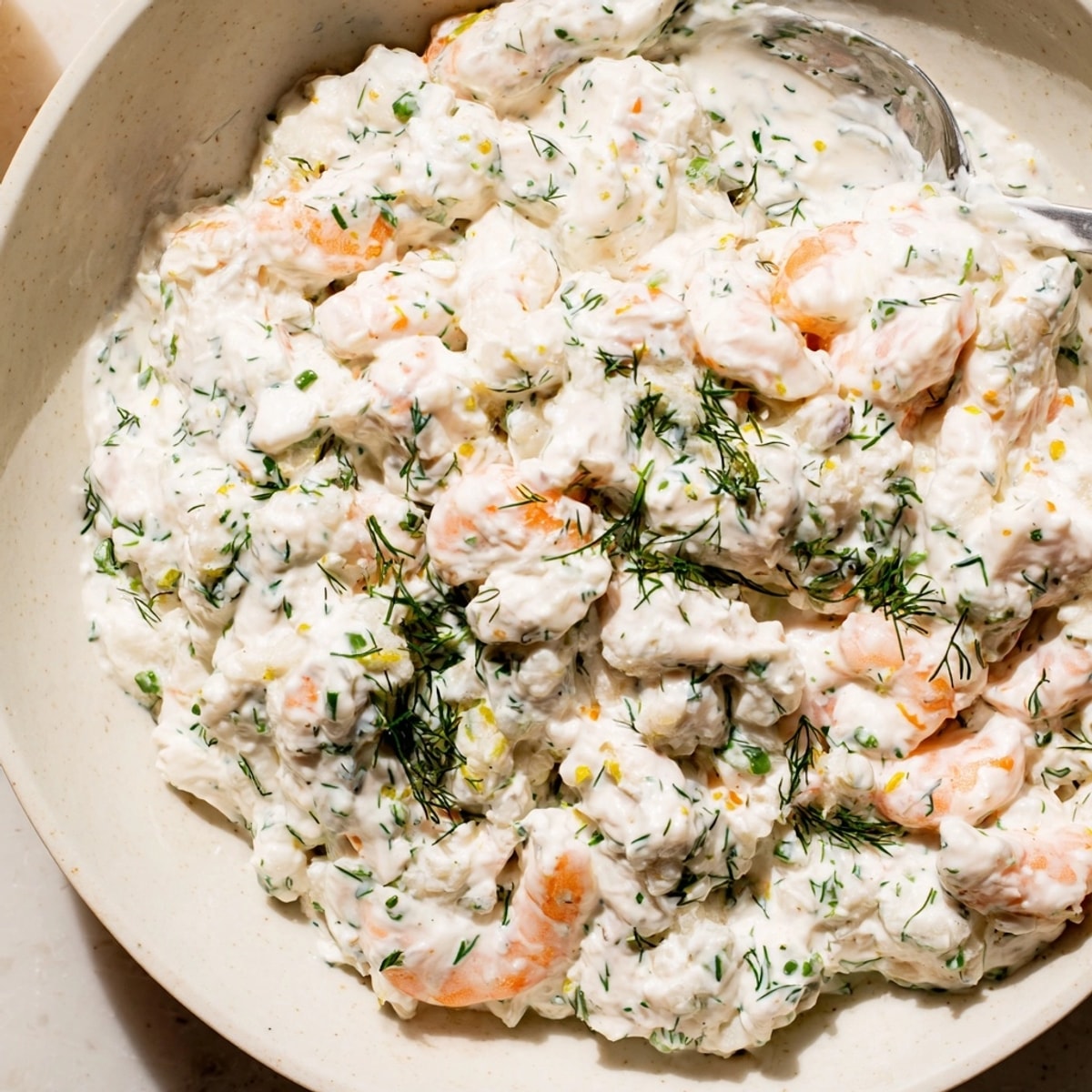 Creamy Shrimp Dill Yogurt Dip with freshly chopped herbs, chilled and ready to serve.
