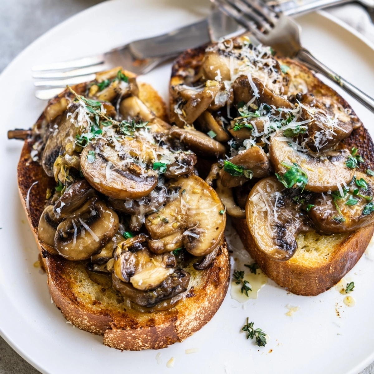 Close-up of mouthwatering Garlic Sautéed Mushroom Toast Sliders, ready for an easy appetizer.