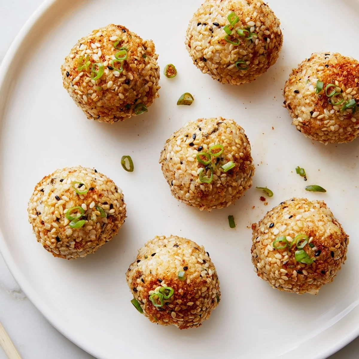 Crispy Japanese sesame-fried rice balls served with soy sauce for dipping.  