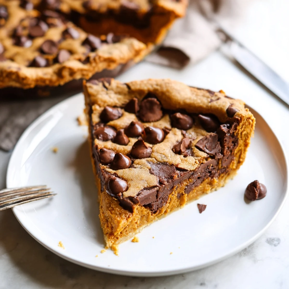 Luscious pumpkin chocolate chip cookie pie warm from the oven, drizzled with cream.  