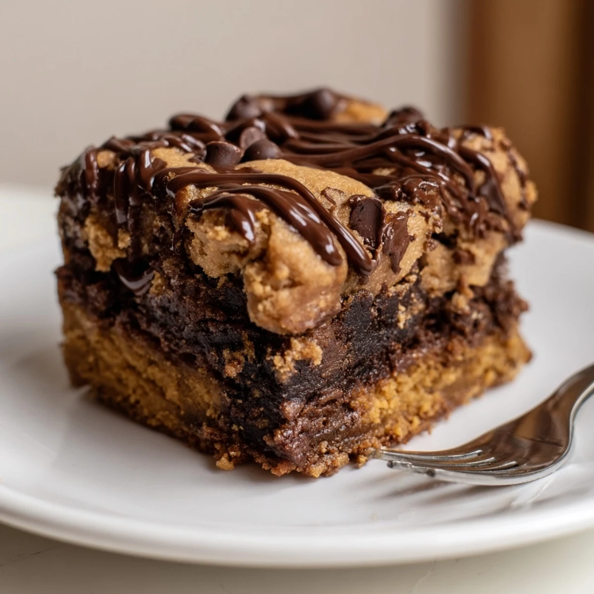 Indulge in Pumpkin Muffin Cookie Dough Brownies topped with creamy chocolate chip dough.