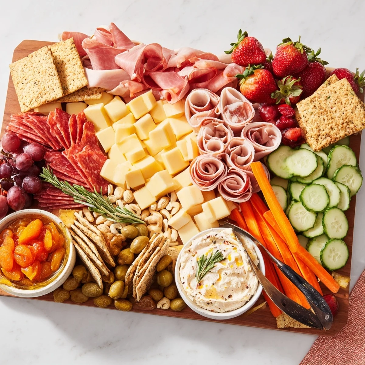 Delicious cured meats and festive dips invitingly arranged on a wooden serving board.  
