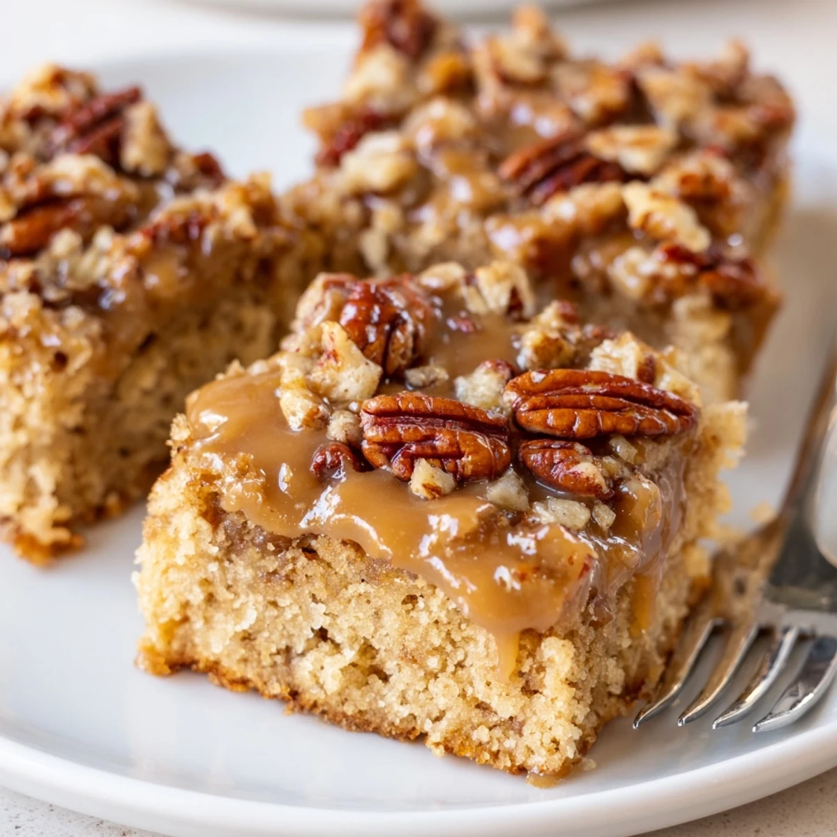 Rich caramel pecan cookie sheet cake served with whipped cream and pecans.  