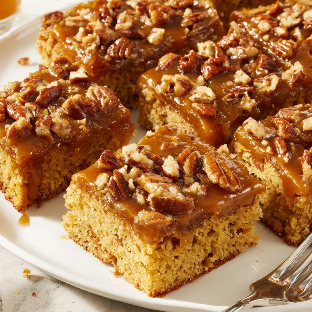Crunchy pecans top this indulgent caramel pecan cookie sheet cake for dessert.