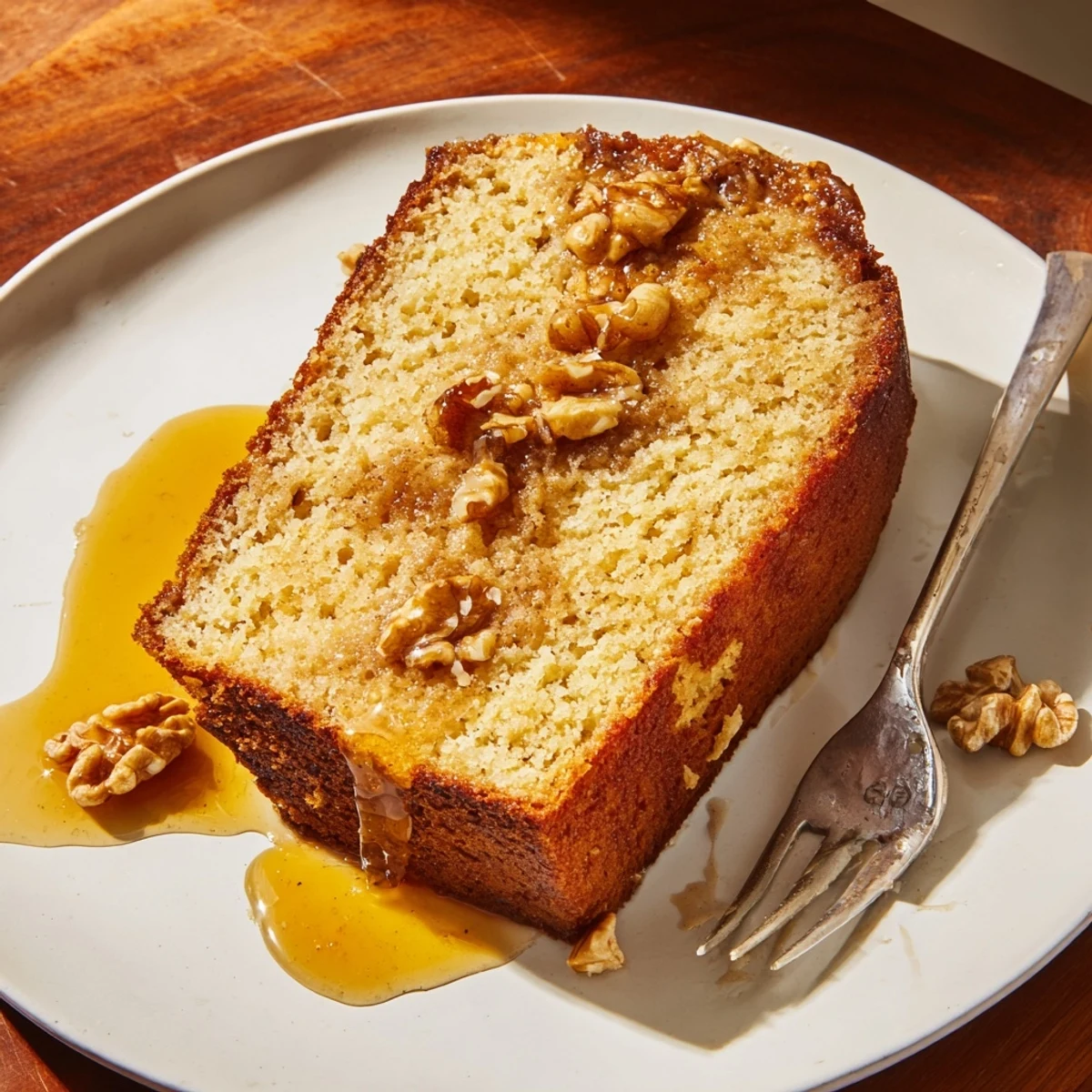 Moist Maple Bourbon Cake Pancake Loaf drizzled with warm syrup and toasted nuts.  