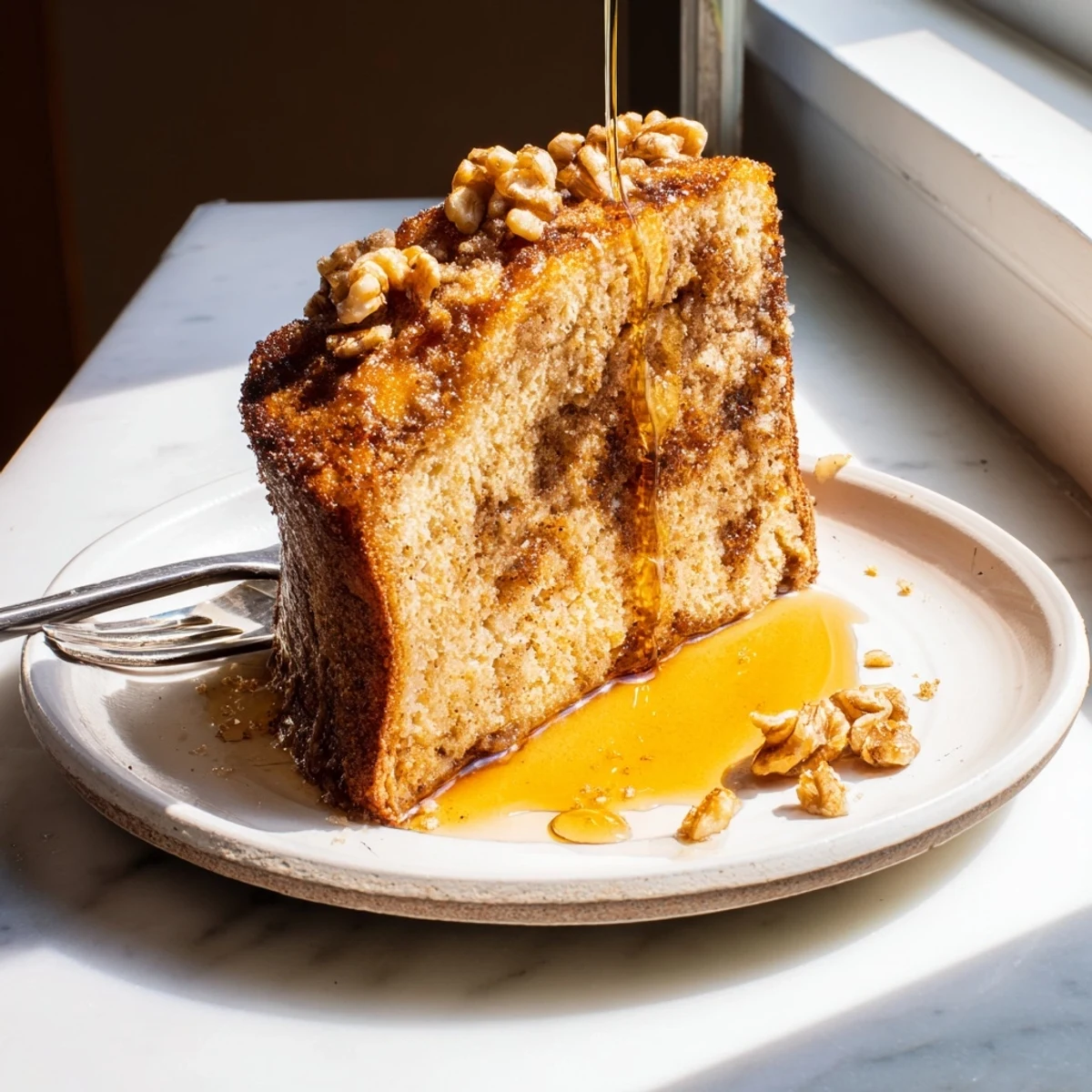 Fluffy slices of Maple Bourbon Cake Pancake Loaf paired with coffee and cream.  