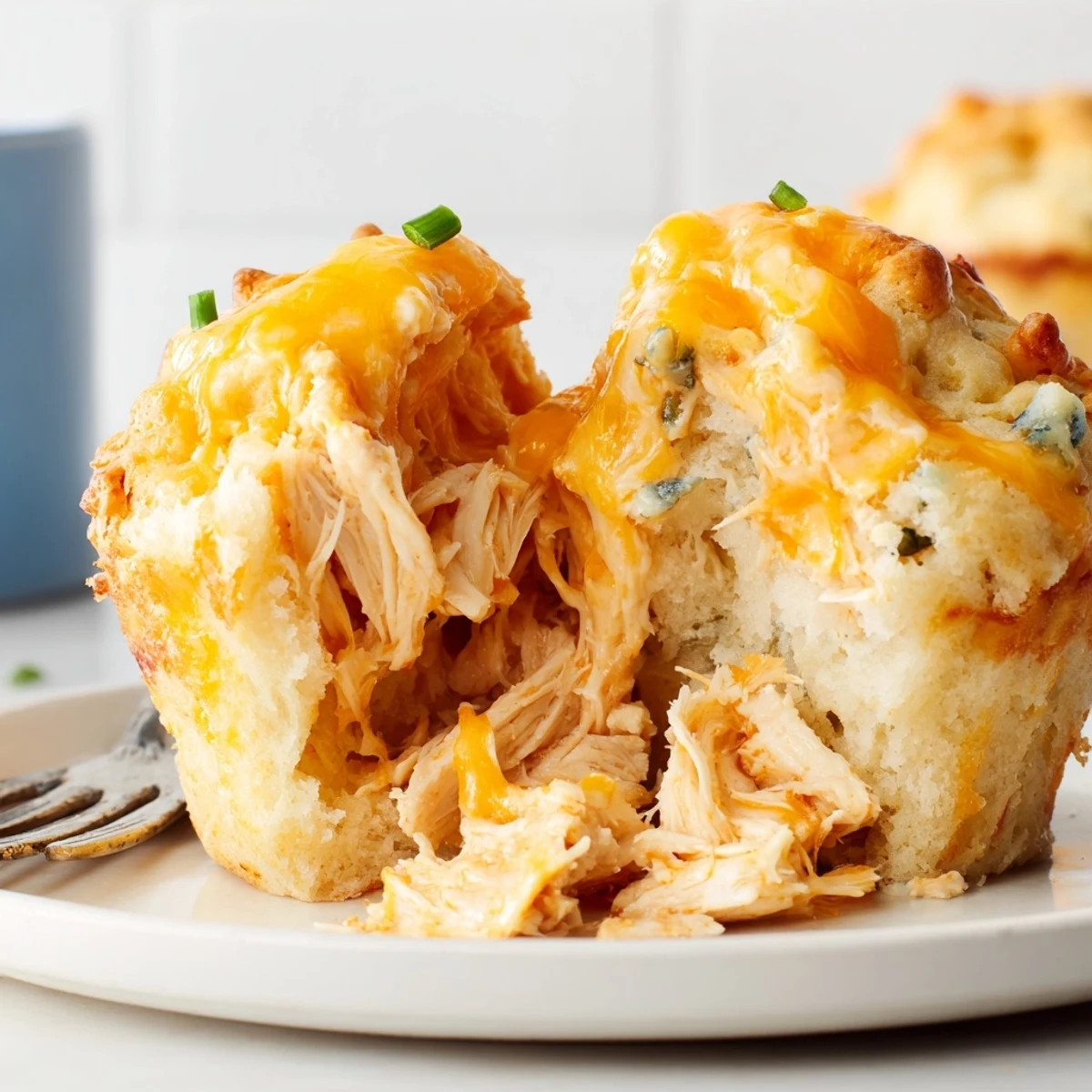 Savory Buffalo Chicken Soda Muffins topped with crumbled blue cheese and chives.  