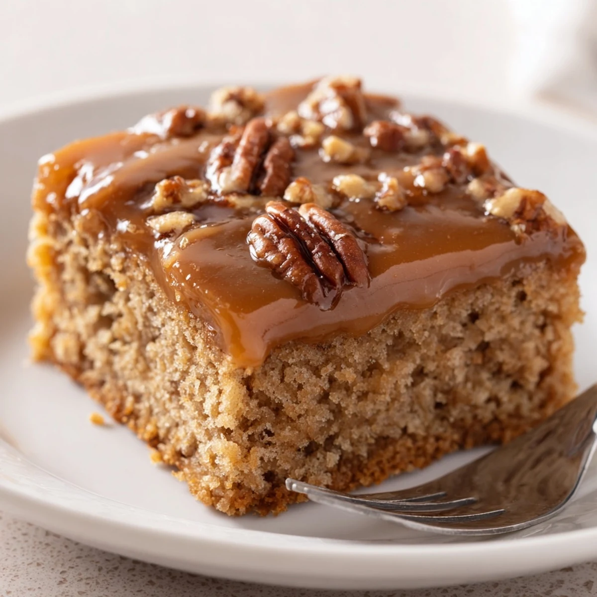 Luscious caramel pecan cookie sheet cake drizzled with warm caramel glaze and pecans.