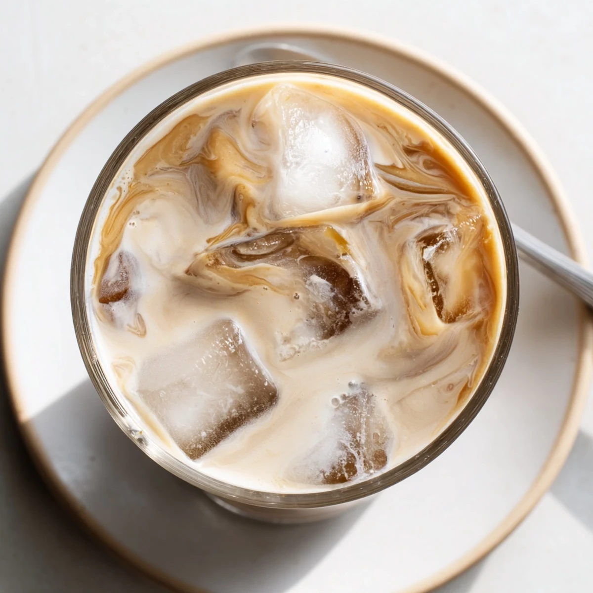 Rich and creamy tahini iced coffee topped with plant-based milk and ice.  