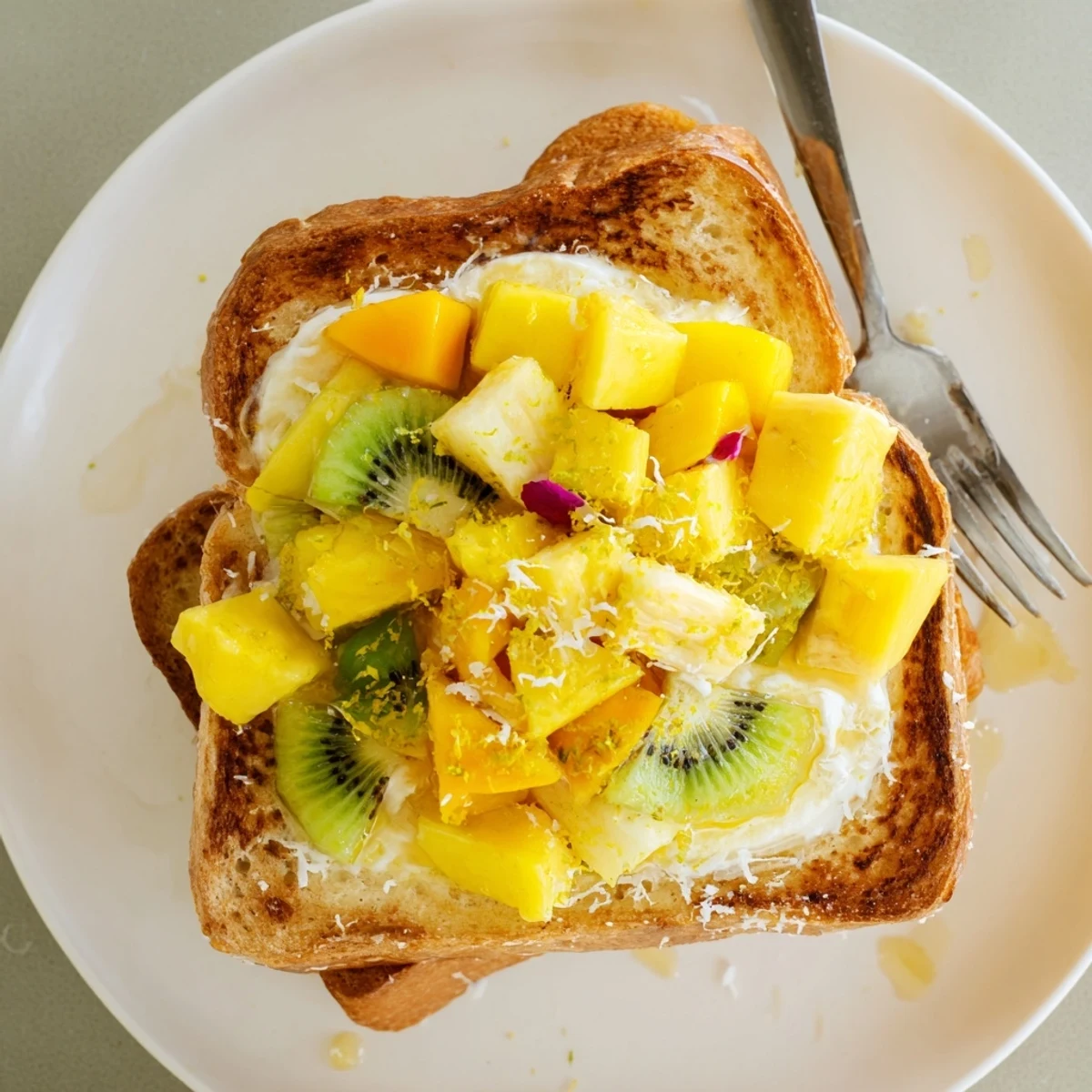 Creamy yogurt-custard toast topped with vibrant tropical fruits, perfect for brunch.