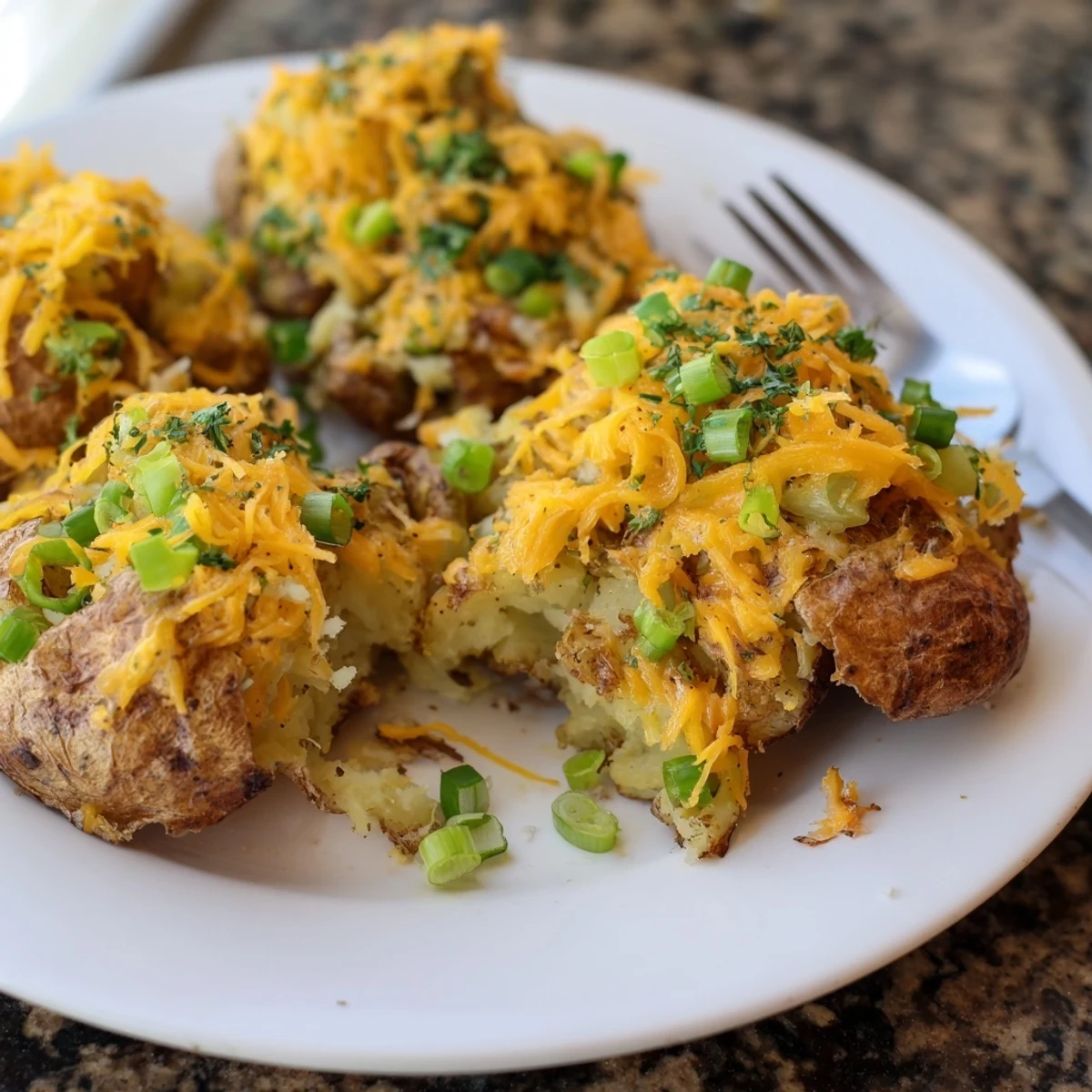 Crispy smashed green onion potato bombs topped with melted cheese, perfect as a snack.