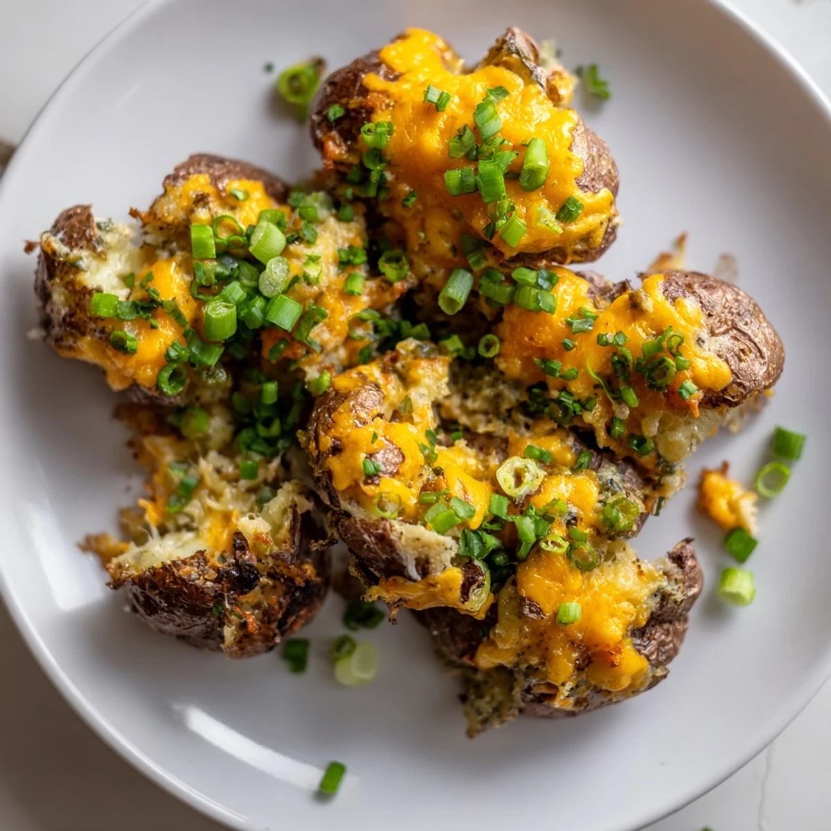 Delicious smashed green onion potato bombs roasted until golden and served with dipping sauce.