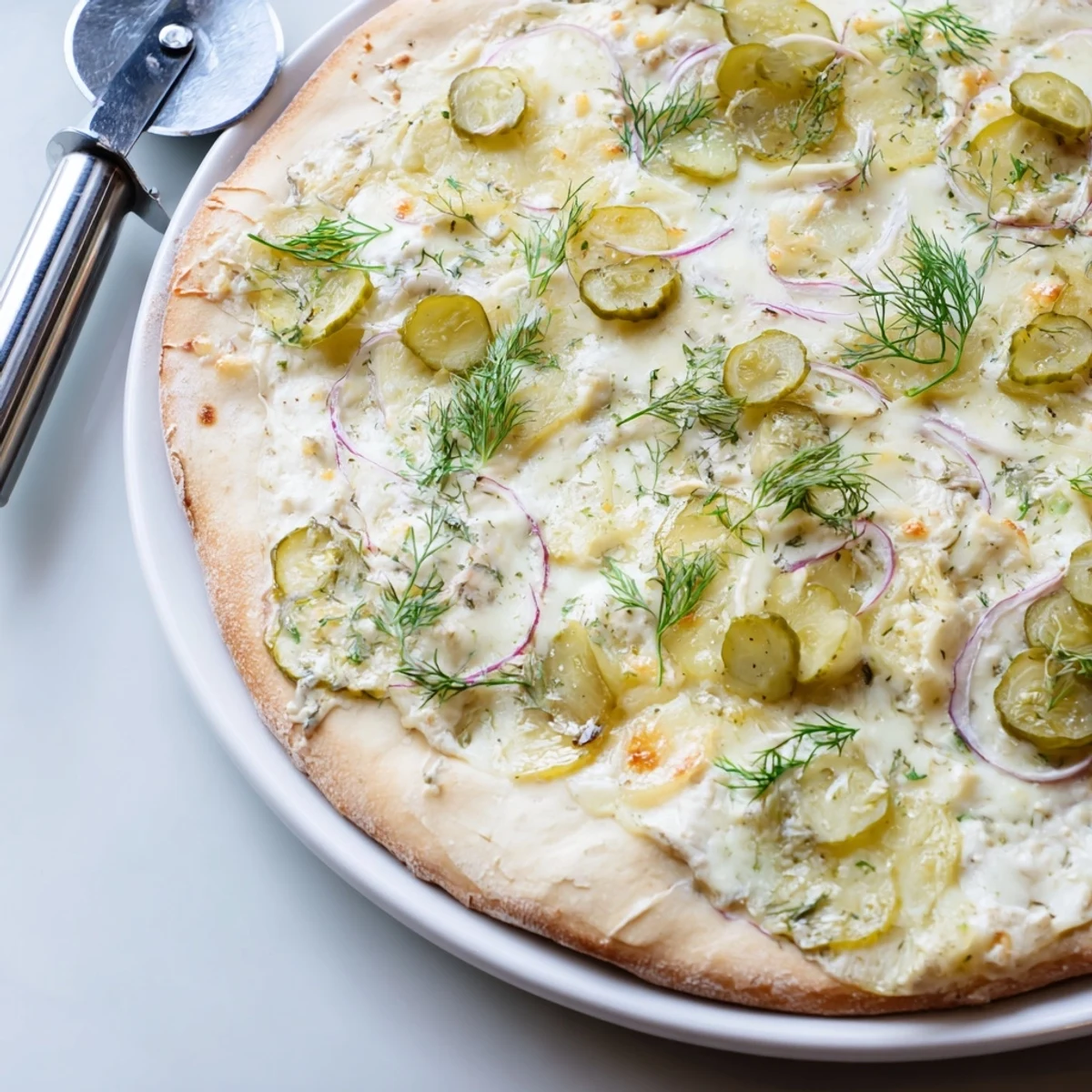 Creamy pickle pizza topped with mozzarella and crunchy dill for a bold flavor.  