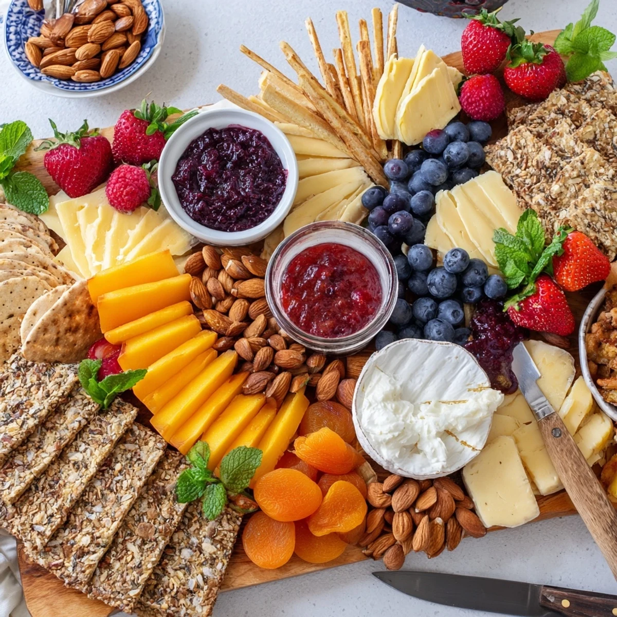 A colorful jam-infused brunch board with fruits, cheeses, and artisan breads.  