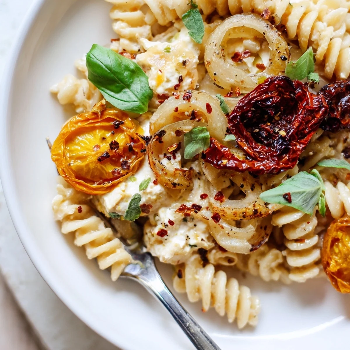 Delicious Baked Feta Pasta topped with fresh basil and a drizzle of olive oil.  