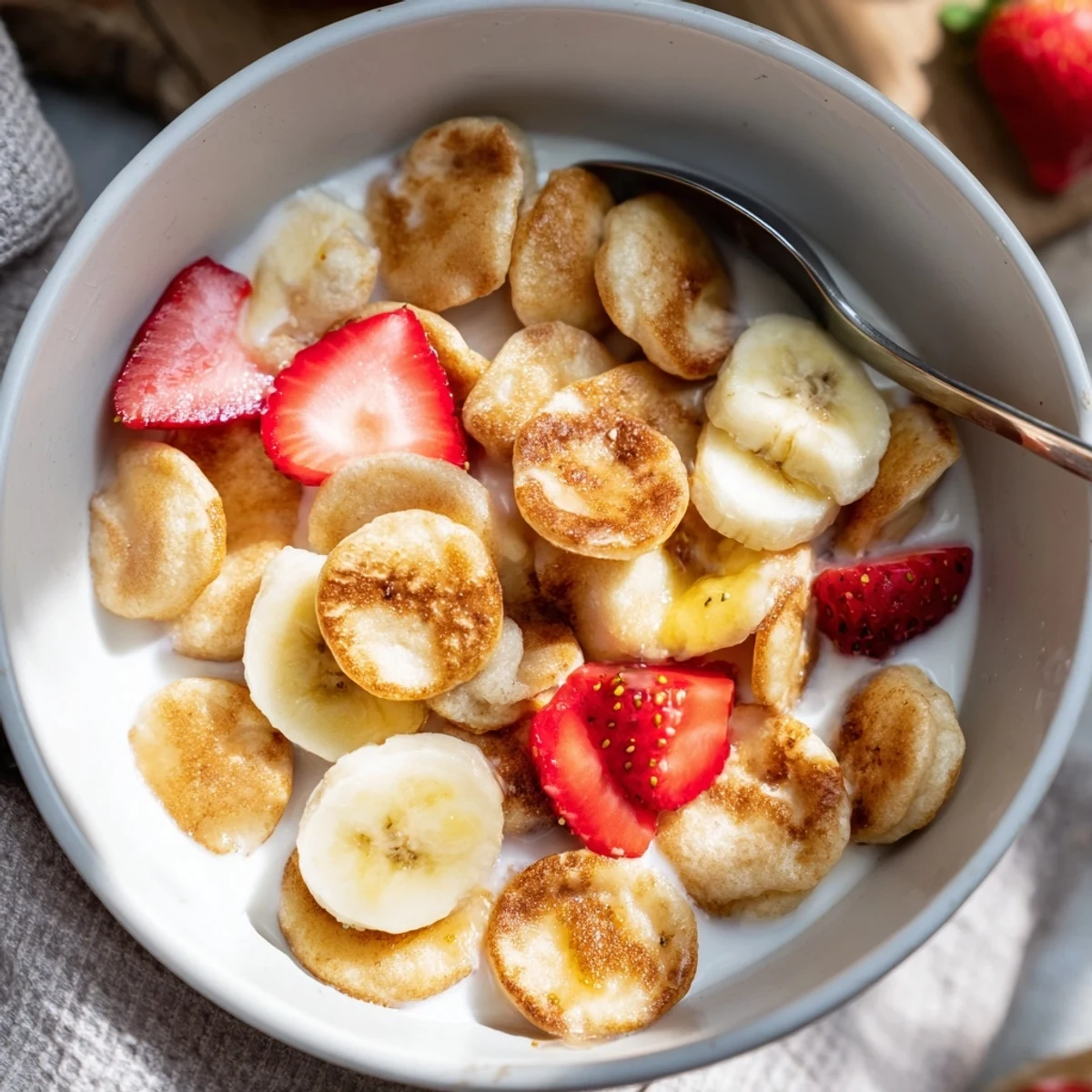 Mini pancake cereal arranged in a bowl, topped with fresh berries and syrup.  