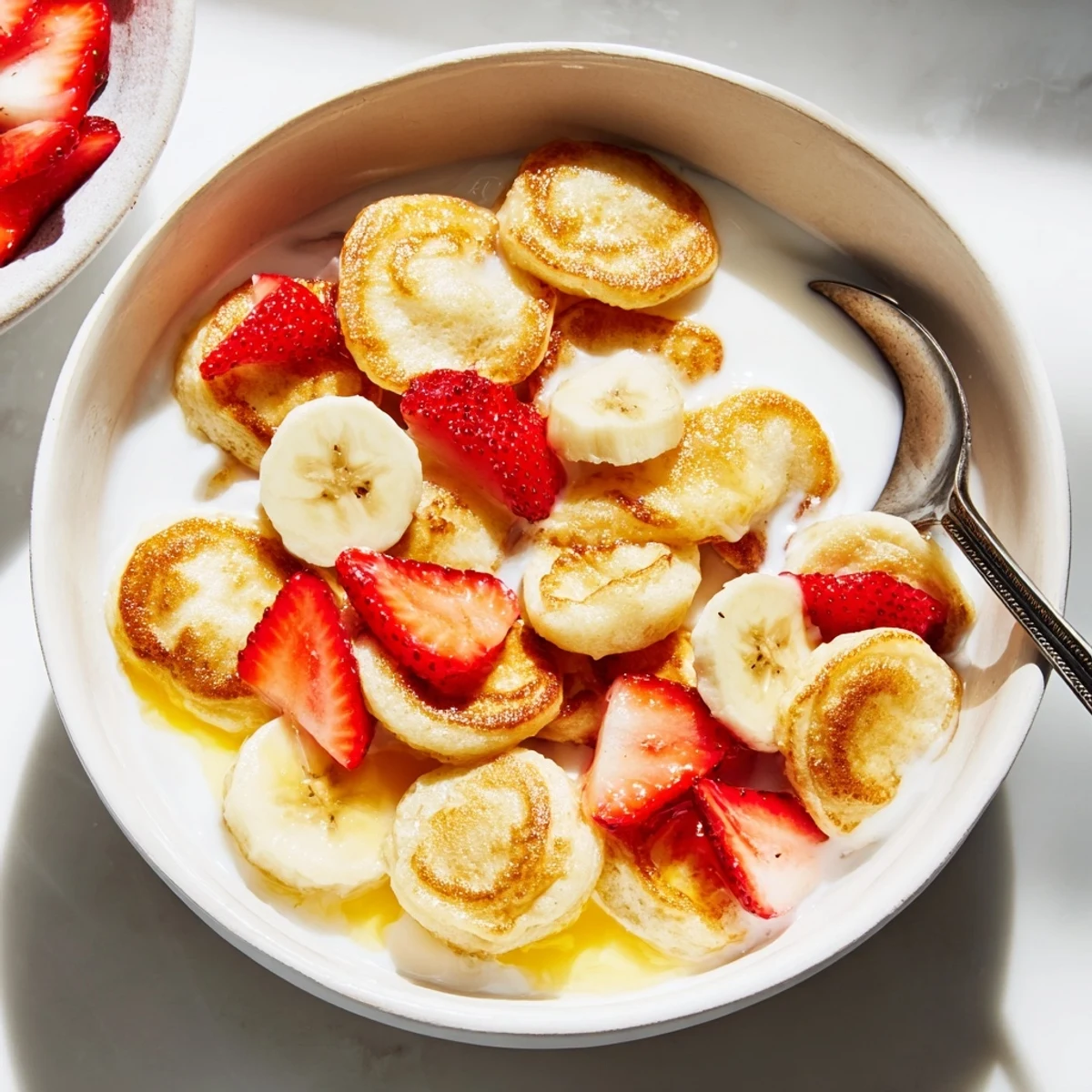 Delightful mini pancake cereal served with milk, perfect for a fun breakfast.  