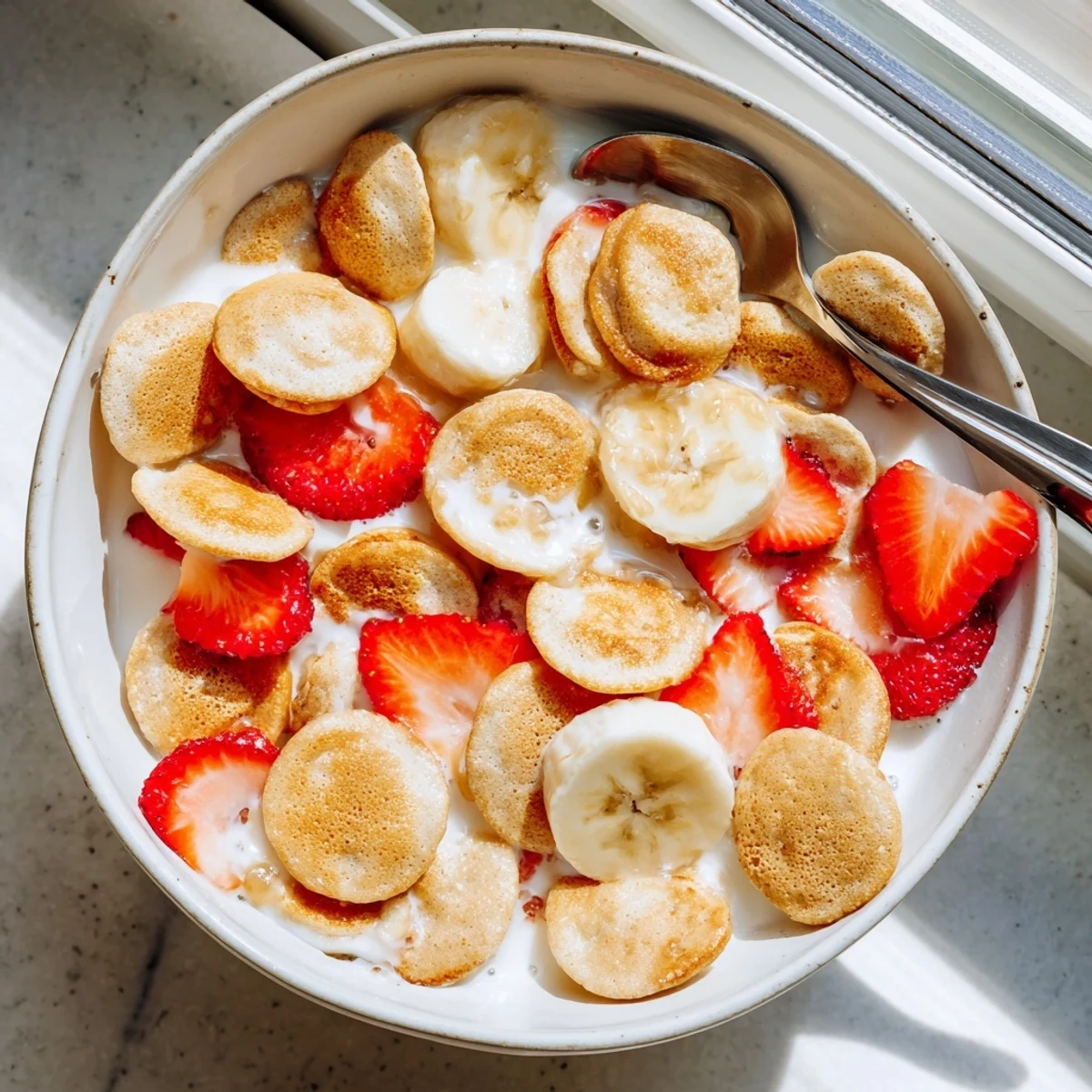A bowl of adorable mini pancake cereal with syrup, invitingly fluffy and crispy.