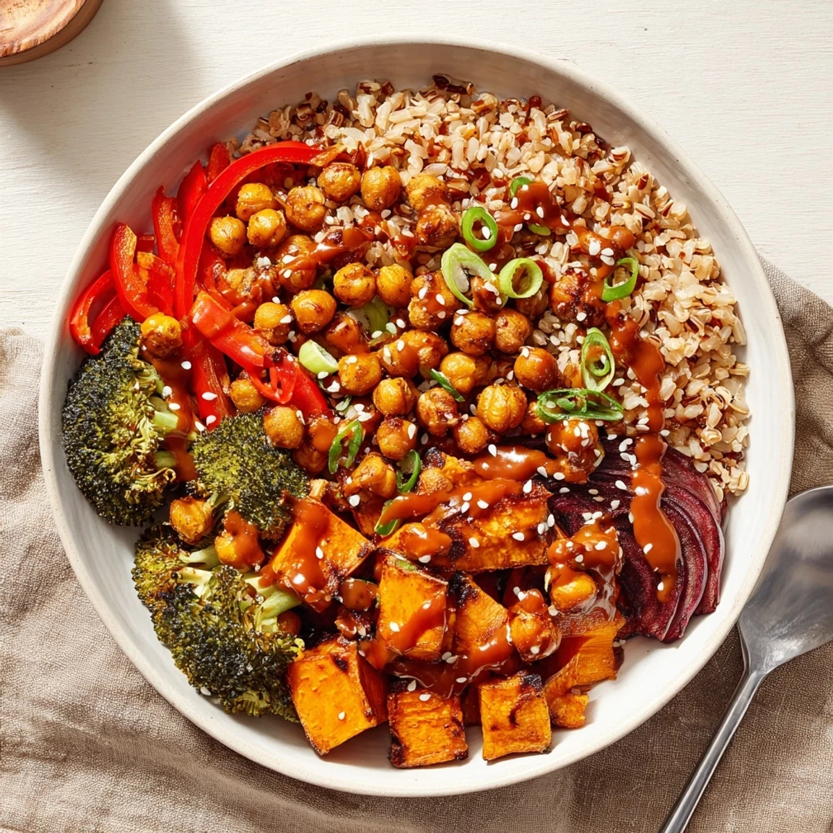 Vibrant Bold Sauce Drizzle Bowls topped with roasted veggies and protein for a colorful meal.  