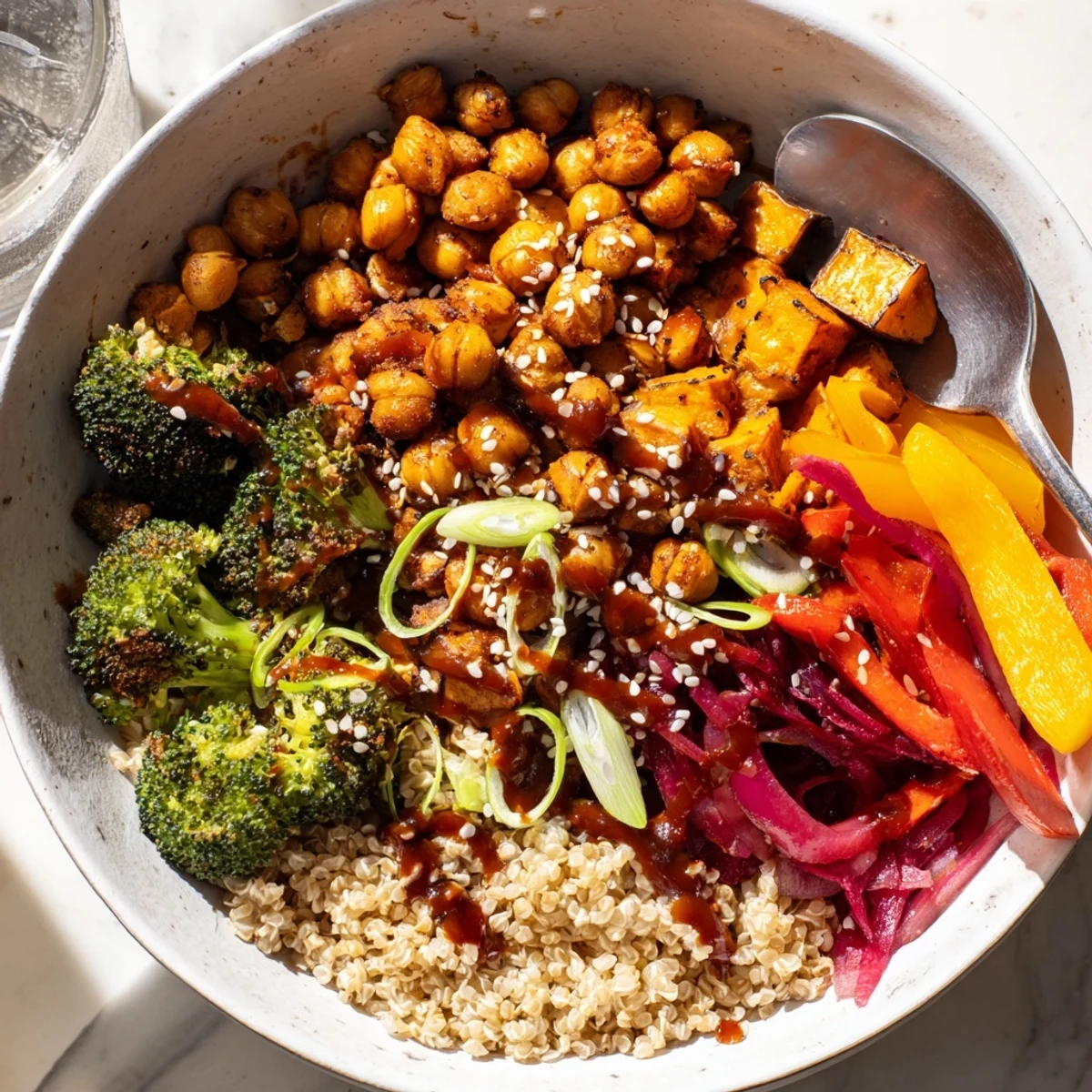Hearty grain bowls featuring bold sauces, roasted vegetables, and savory chickpeas for ultimate satisfaction.  