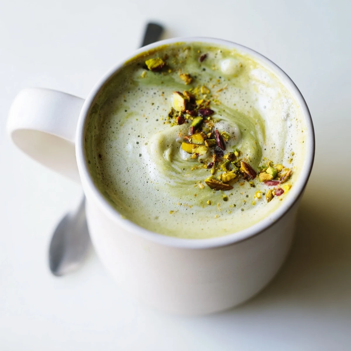 Creamy pistachio milk latte topped with crushed nuts for a delightful coffee experience.  