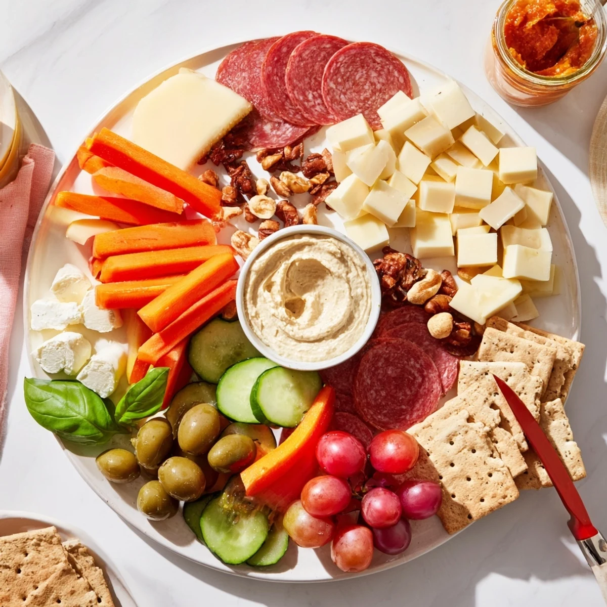 A colorful Girl Dinner Platter with cheeses, veggies, and delightful dipping options.