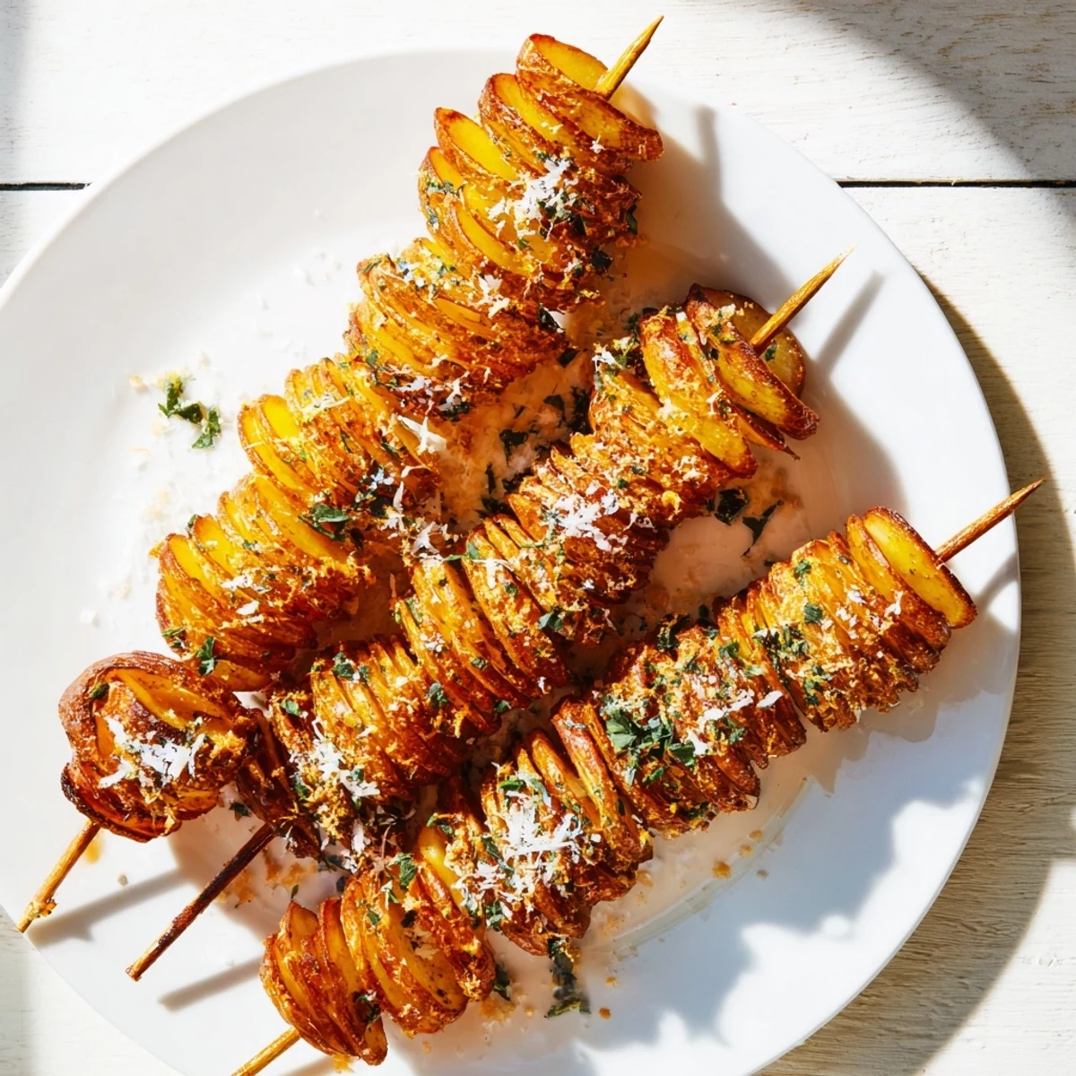 Golden-brown Air-Fryer Tornado Potatoes drizzled with olive oil and fresh herbs.  