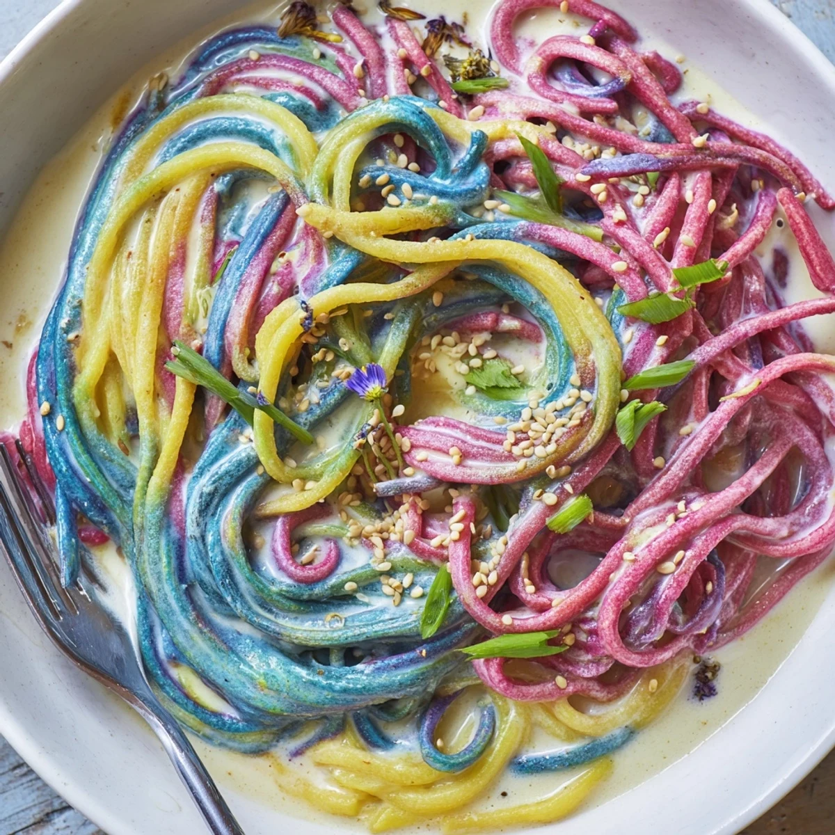 Colorful Neon Noodle Cloud dish in creamy sauce garnished with scallions and sesame seeds.  