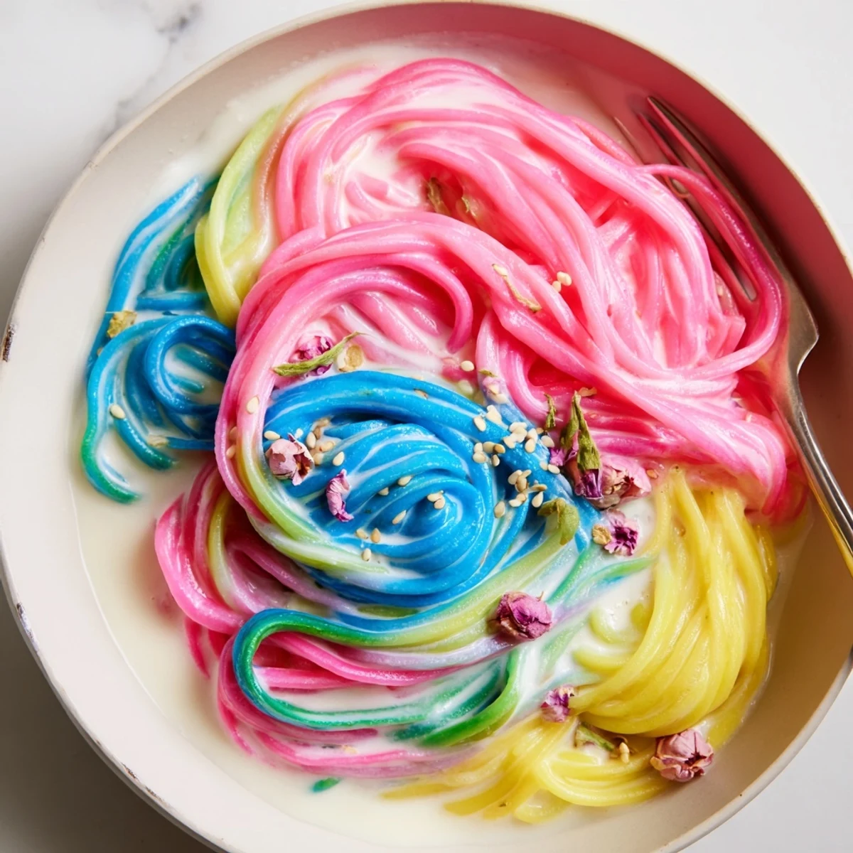 Vibrant Neon Noodle Cloud served on a plate, showcasing whimsical colors and creamy texture.  