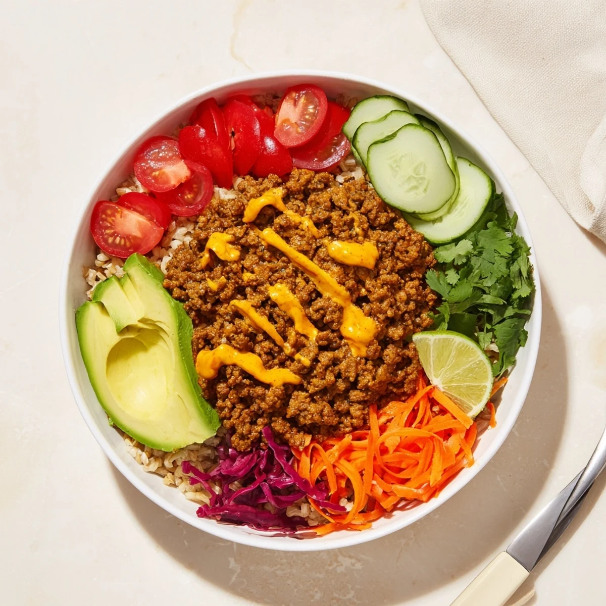 A colorful plant-based meat bowl topped with fresh vegetables and lime wedges.  