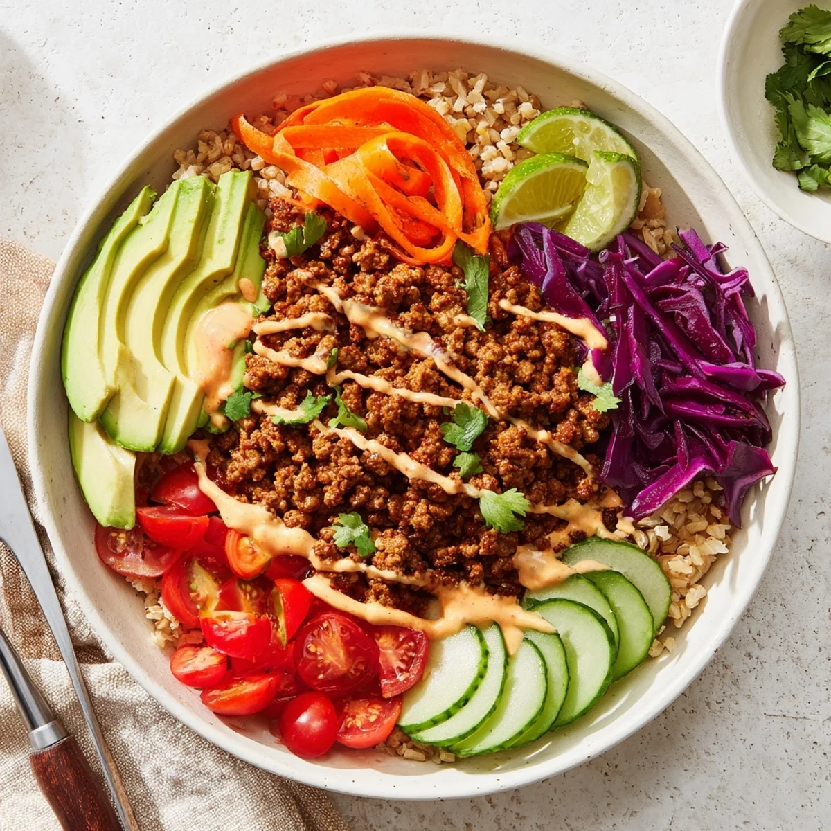 Vibrant plant-based meat bowl filled with quinoa, avocado, and bold spices.