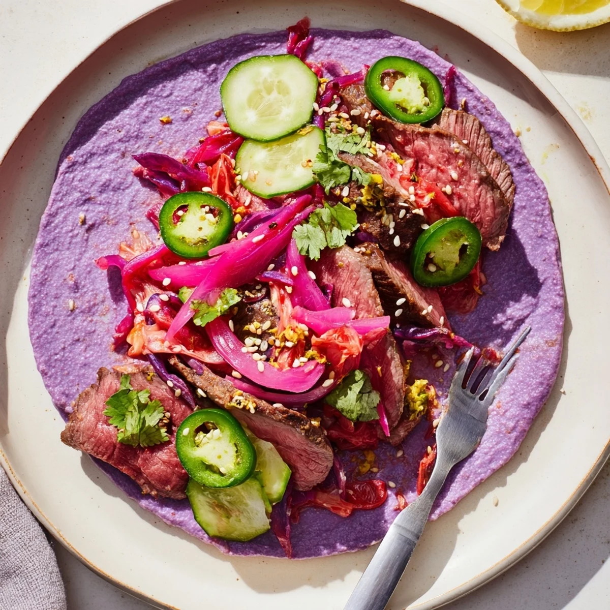 Vibrant Global Street-Food Fusion Tacos bursting with flavors and colorful toppings.  