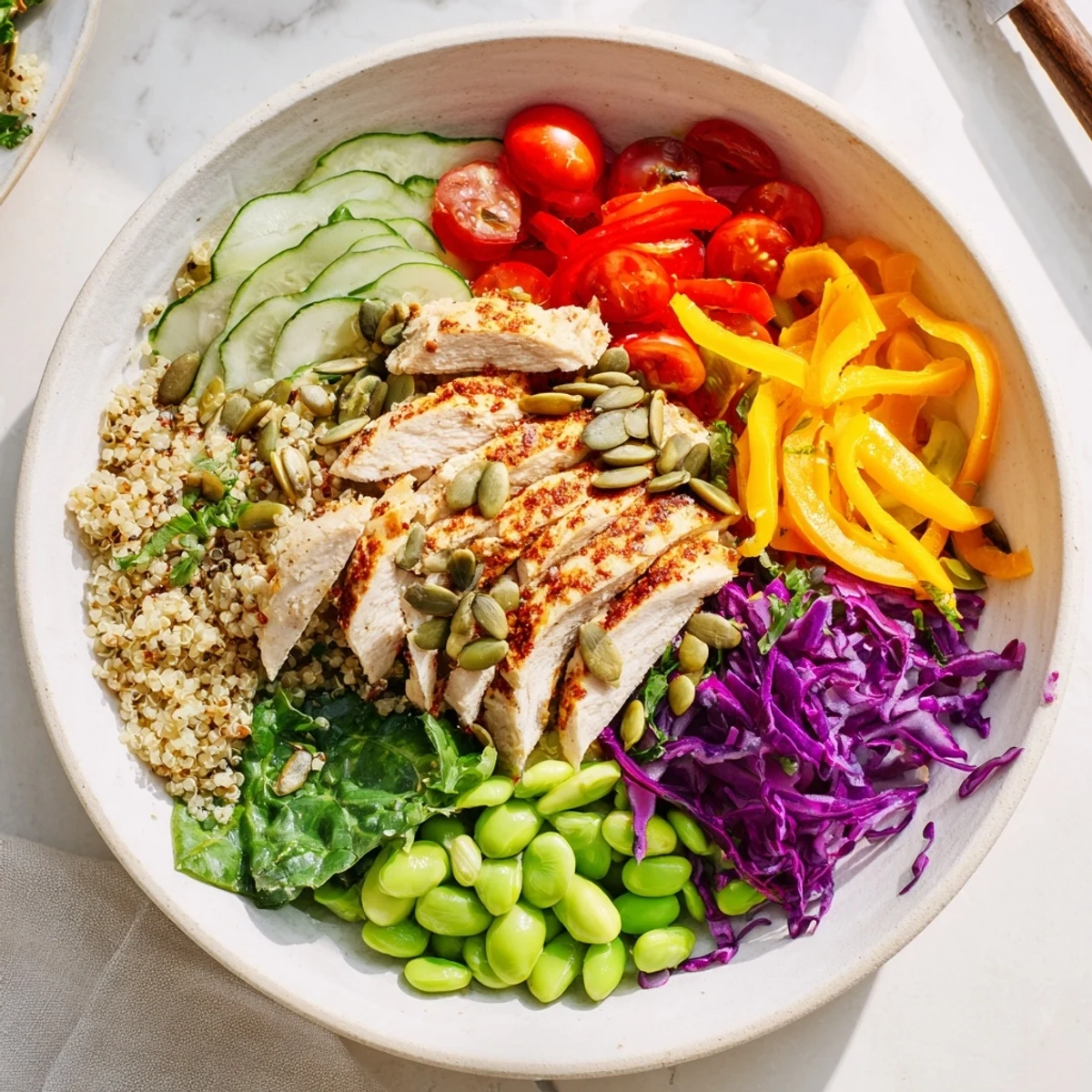 Colorful Healthy Meal-Prep Bowls showcasing layered vegetables, quinoa, and grilled chicken.