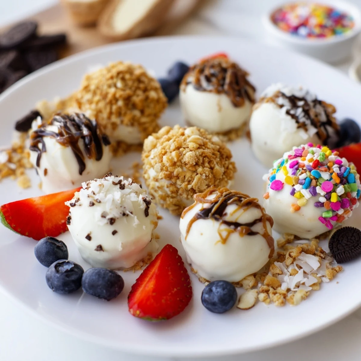 Decadent deconstructed dessert board with creamy cheesecake bites and colorful toppings.  