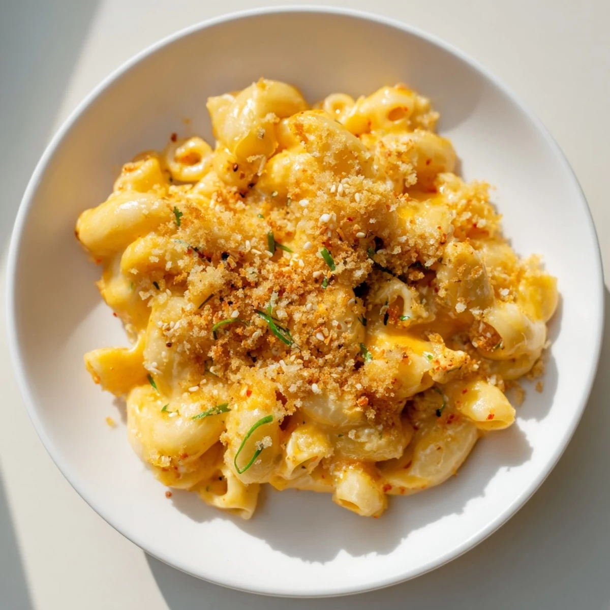 Decadent Spicy Kimchi Mac & Cheese, baking golden with a crispy panko topping.