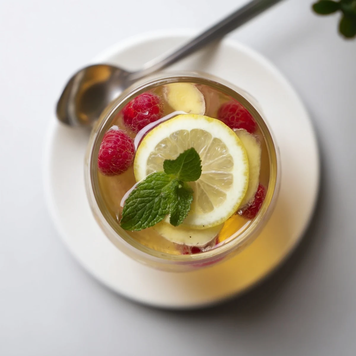 Homemade kombucha-style mocktails, bubbling with fresh berries and ginger flavors.