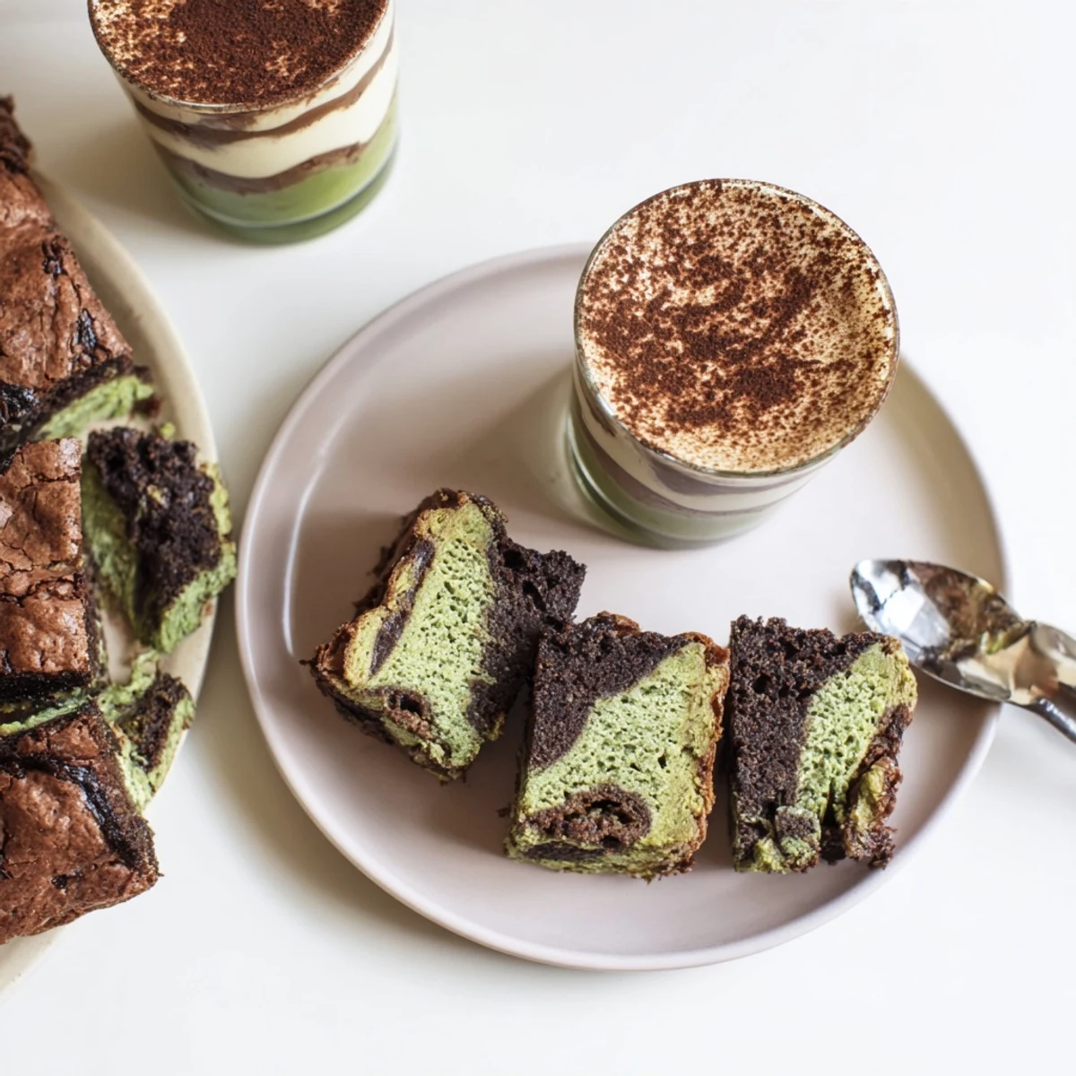 Mini chai tiramisu cups layered with spiced mascarpone and dusted with cocoa powder.