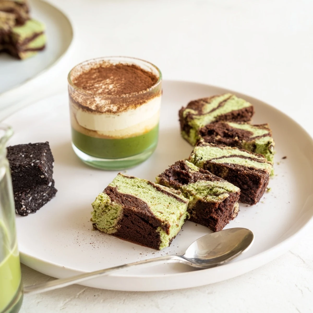 Rich matcha-miso brownies topped with a glossy chocolate ganache, perfect for sharing.  