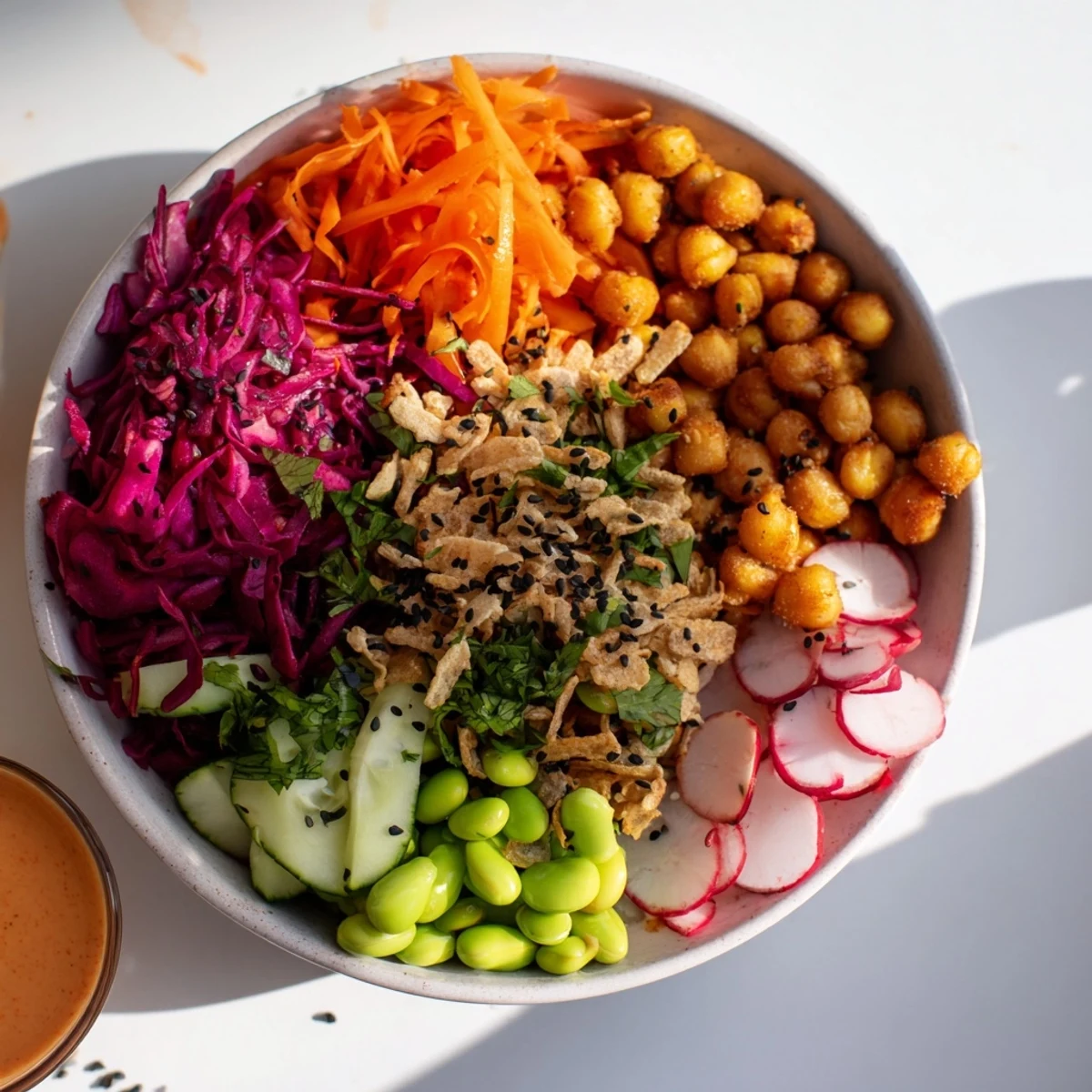 Colorful ASMR Crunch Snack Bowls filled with fresh veggies and savory toppings.  