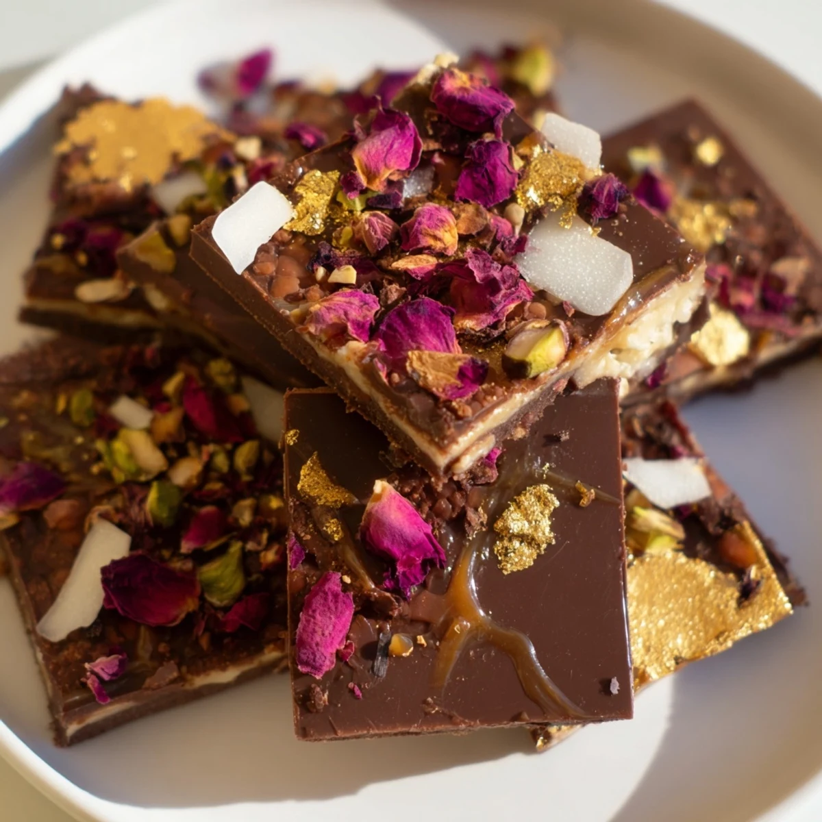 Decadent chocolate bar inspired creations topped with spiced date caramel and pistachios.